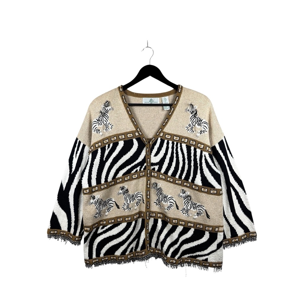 Design Options by Philip Jane Gordon Zebra Safari Beaded Button Up Sweater Sz XL